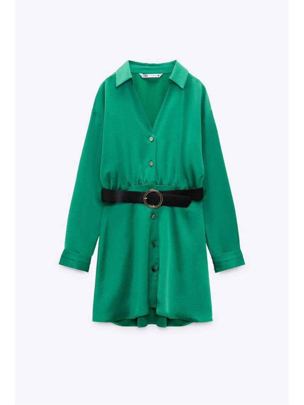 Zara Emerald Green silk Button-Front Long Sleeve Dress